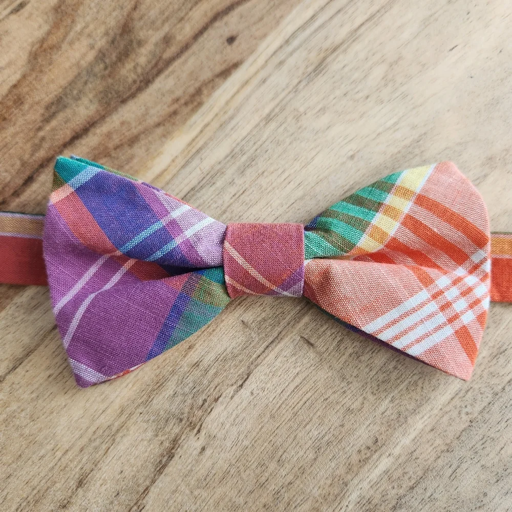 Tommy Hilfiger Plaid Orange Purple Green Pre-Tied Bow Tie